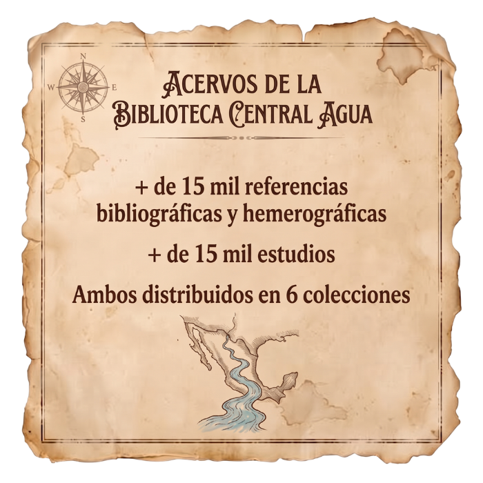Más de 15 mil referencias bibliográficas y hemerográficas y más de 15 mil estudios, ambos distribuidos en 6 colecciones de la Biblioteca Central del Agua