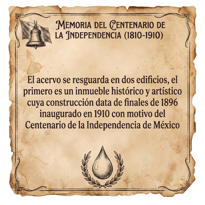 El acervo se resguarda en dos edificios; el primero, de finales de 1896, se inauguró en 1910 con motivo del Centenario de la Independencia de México
