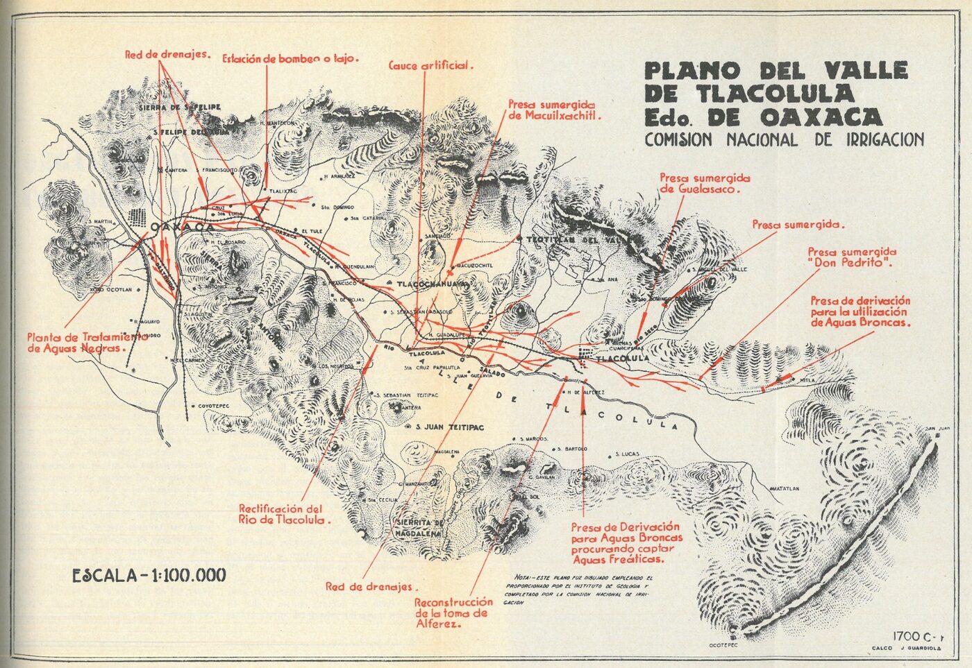 Plano del Valle de Tlacolula, Oaxaca, elaborado por la Comisión Nacional de Irrigación